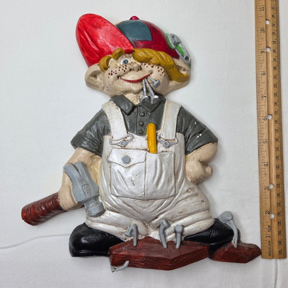 Vintage Chalkware Boy Carpenter Wall Plaque Hand Painted Folk Art Handyman Decor